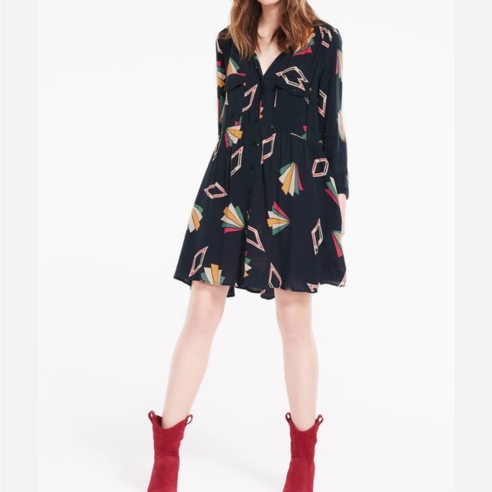 Ba&Sh Black Geometric Vocea Noir 3/4 Sleeve Shirt Dress Size